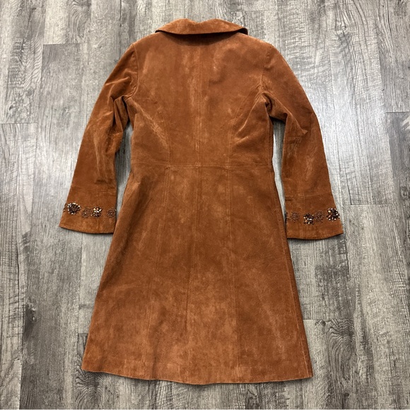 Hot in Hollywood Suede Leather Beaded Floral Embellished Long Jacket - Picture 2 of 11